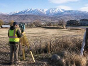 Boundary surveying in South Jordan UT showing a surveyor comparing parcel records with fence lines, monuments, and current ground conditions.